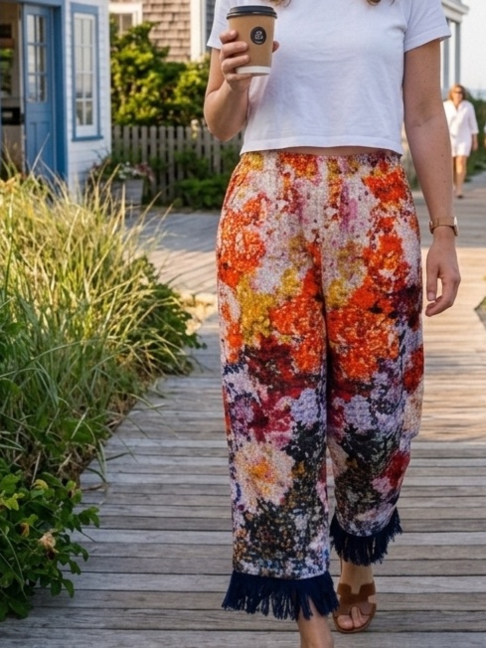 Kirstin Lamb x Anthropologie Fringe Pants Sz S Pixelated Floral Boho Y2K Beachy